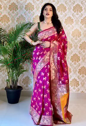 Pink Animal Printed Banarasi Art Silk Saree