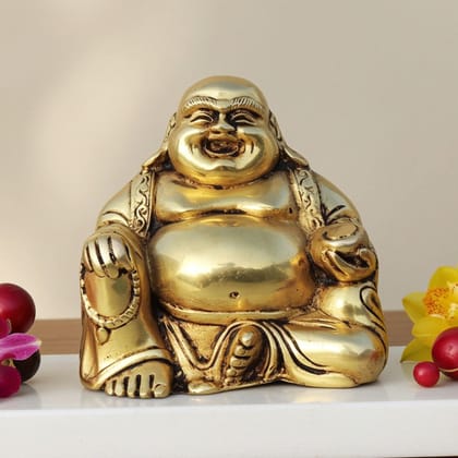 Brass Laughing Buddha Idol - Feng Shui Wealth God Showpiece, Height : 4.2 Inch (BSMAS1460 C)