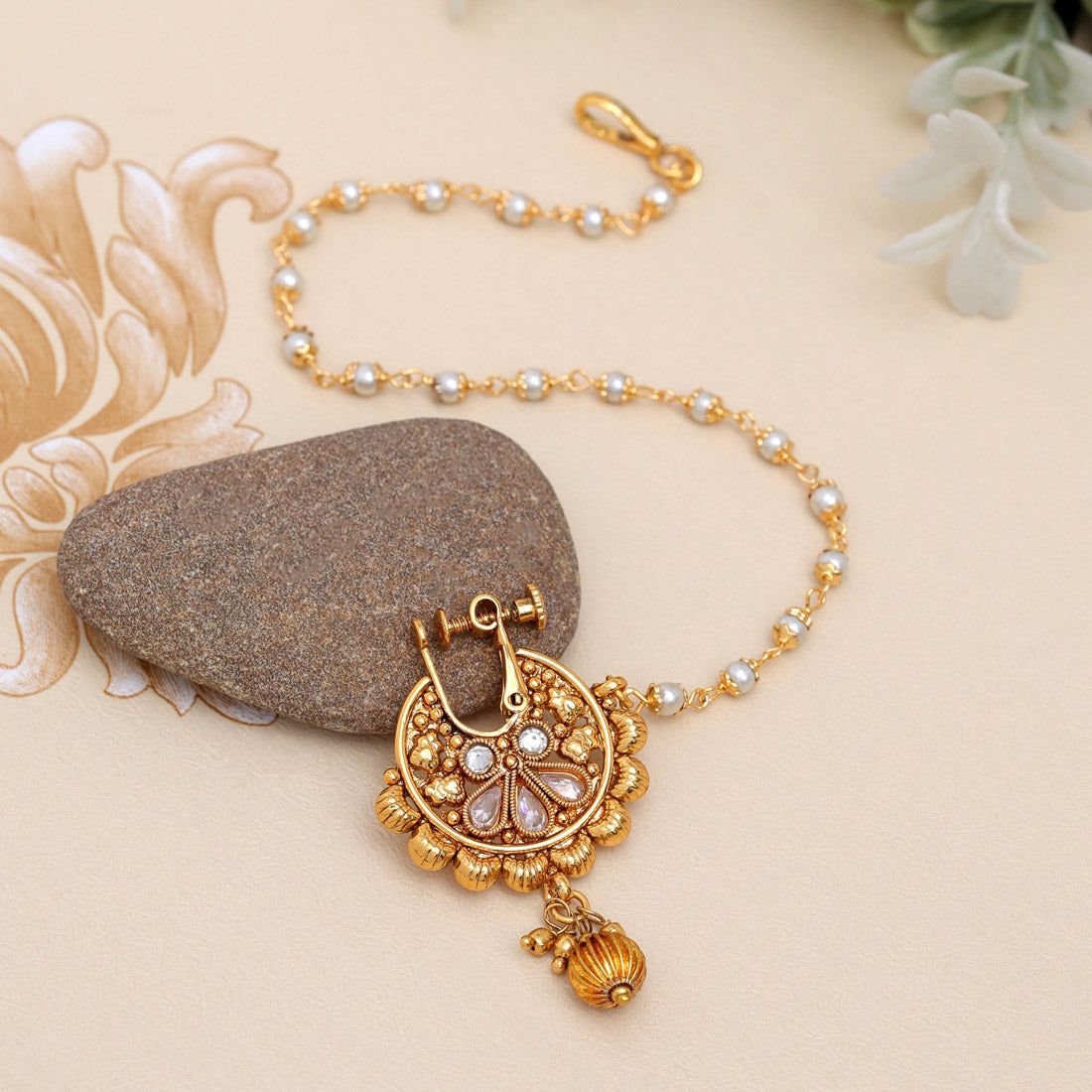White Color Nose Nath (NTH346WHT)-Length: 22.00 CM x Width: 0.20 CM / Green / Alloy With Good Quality Gold Plated