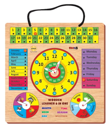 MUKESH Multifunctional Wooden Calendar Clock 6 in 1 Montessori Learning Board for Kids