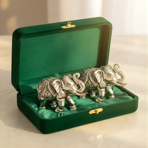 Dev Aastha 999 Pure Silver Plated Elephant Murti Pack of 2 | 3 Inch Vastu & Good Luck Showpiece for Temple, Puja