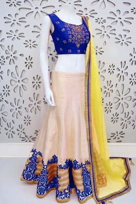 Blue and Cream Colored Party Wear Designer Embroidered Lehenga Choli