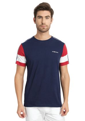 Mens Premium Cotton Colourblock Printed Half Sleeve Crew Neck T-Shirts-M / Navy