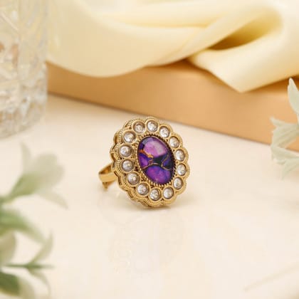 Mystical Purple Color Kundan Ring For Women-Ring_Size_Adjustable | Diameter Length: 2.50 CM x Width: 2.00 CM / Purple / Alloy With Good Quality Mehndi Gold Plated