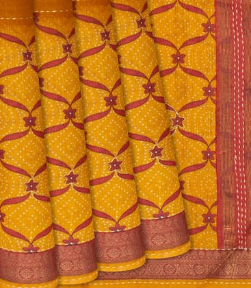 Oil Mustard Woven Tussar Silk Saree Printed With Floral Motifs-OIL MUSTARD-Oil Mustard