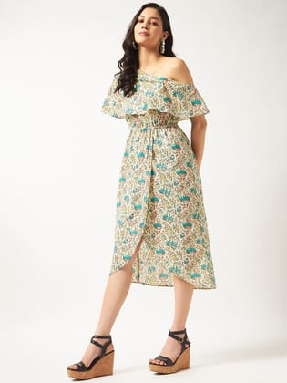 Floral Off-Shoulder High Slit A-Line Dress