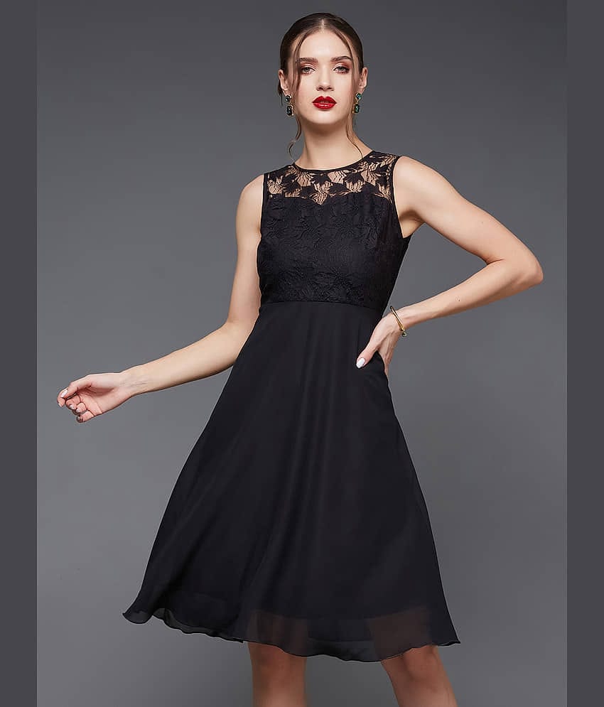 Miss Chase Women Georgette Self Design A-line Dress ( Black )