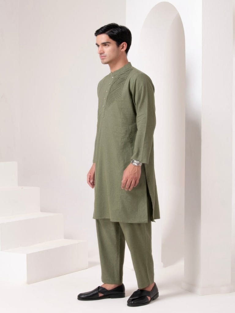 Olive Pleated Kurta Set