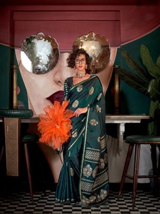 Bottle Green Pure Satin Banarasi Weaving Silk Saree