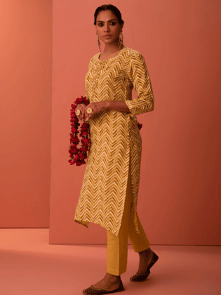 Yellow Cotton Printed Kurti Set-XS