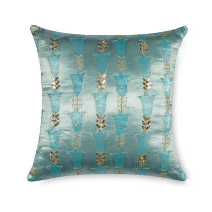 Hand Printed Embroidered Mashru Cushion Cover Pack of 1 12x12 Inches