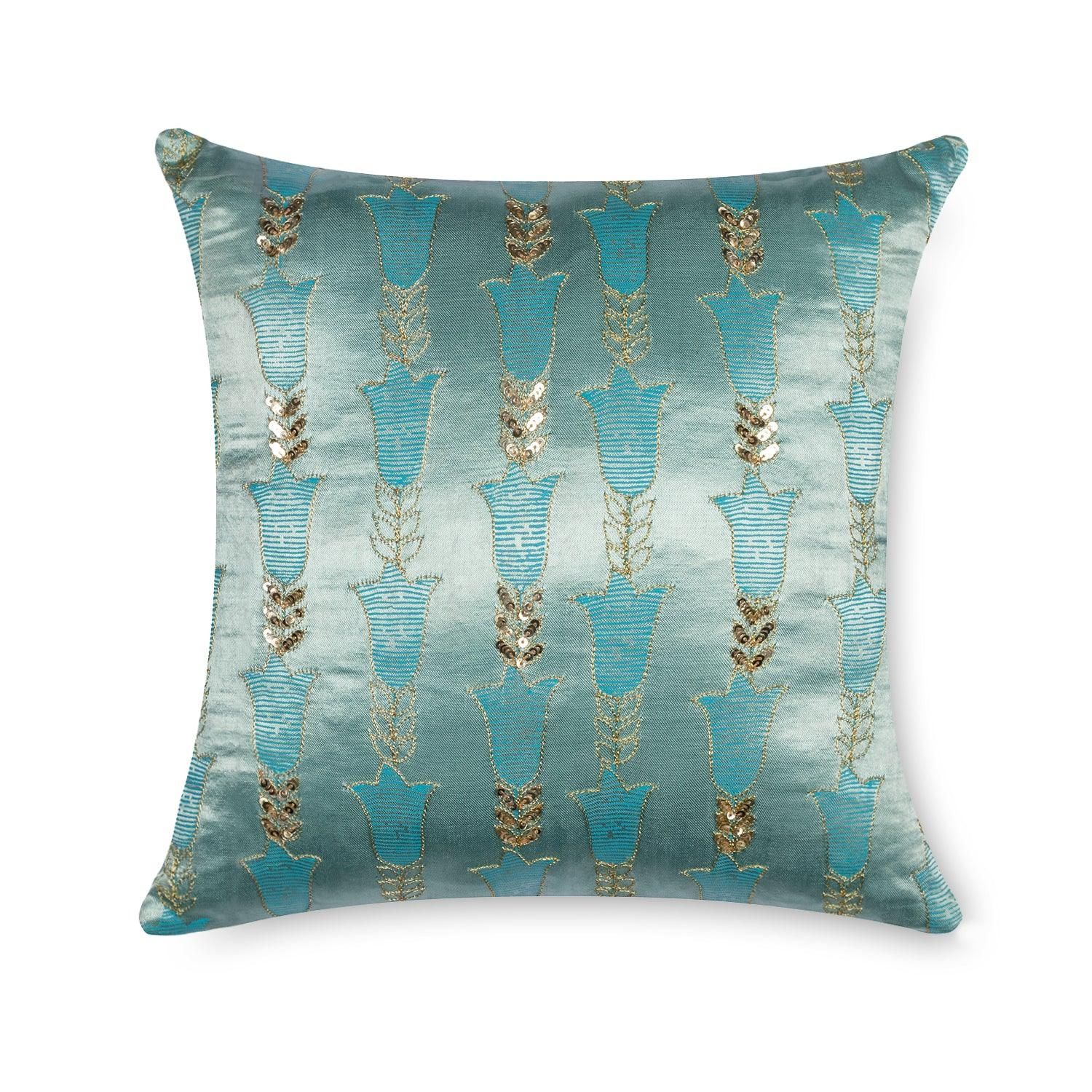 Hand Printed Embroidered Mashru Cushion Cover Pack of 1 12x12 Inches