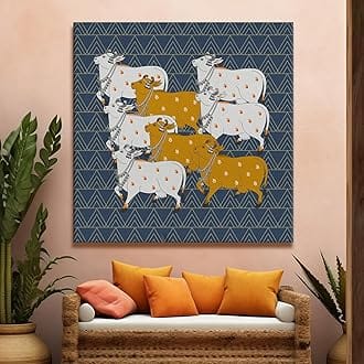 fabsouk Large Wall Painting for Living Room Decor Big Canvas Art Indian Ethnic Traditional Wall Art Large Size For Living Room, Bedroom, Office decor & Gifting (Pichwai Cow, 18x18, Framed)