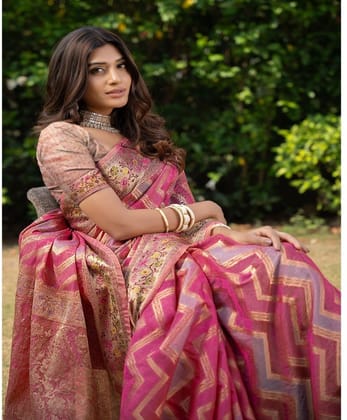 Women's Organza Printed Saree with Unstitched Blouse (Pink, 5-6 Mtrs)