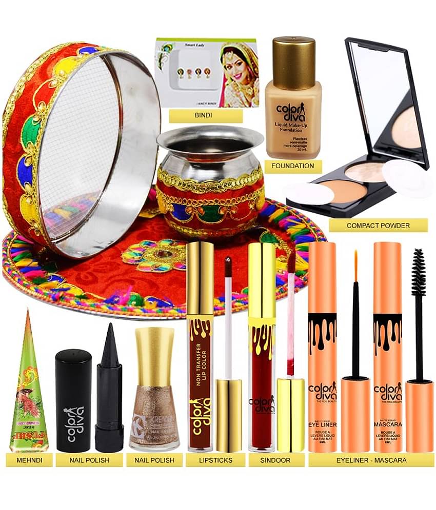 Adbeni Karwa Chauth Pooja Thali Set With Makeup Combo, Pack of 13 Face 391