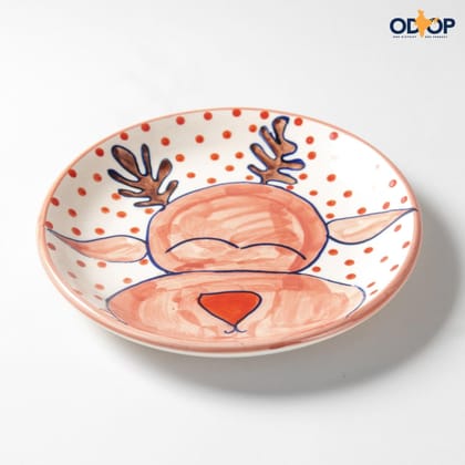 Hand Painted Reindeer Ceramic Breakfast Plate - 8"-Brown, Red, White / Ceramic