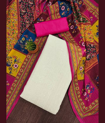 Rangtulika Ethnics Unstitched Cotton Embellished Dress Material - White ( Pack of 1 )