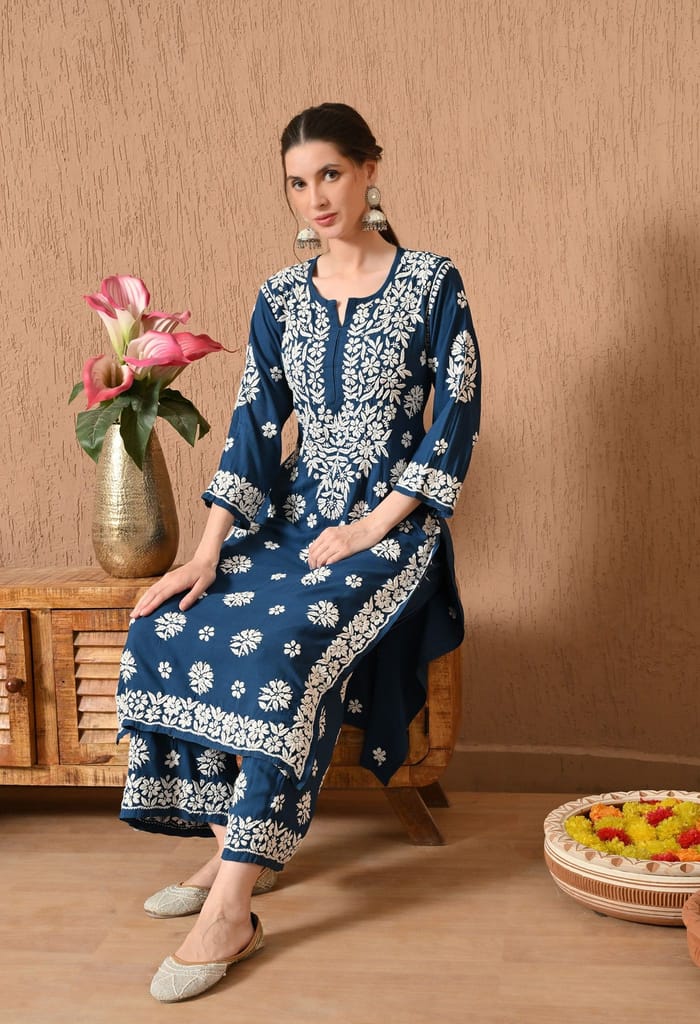Hand Embroidered Chikankari Rayon Plazo Set - Teal