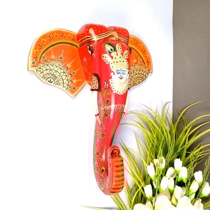 Elephant Head Wall Hanging With Krishna Face | Wooden Elephant Face Wall Mask Decor - For Home, Vastu, Office, Living Room Decor & Gifts - 15 Inch-Design 1