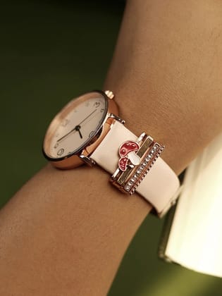 Round Analog Watch With Mushroom Watch Charm - Dusty Pink-Watches