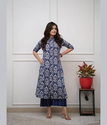 Mahek Fashion Women Cotton Blend Printed A-line Kurti With Palazzo ( Navy Blue )