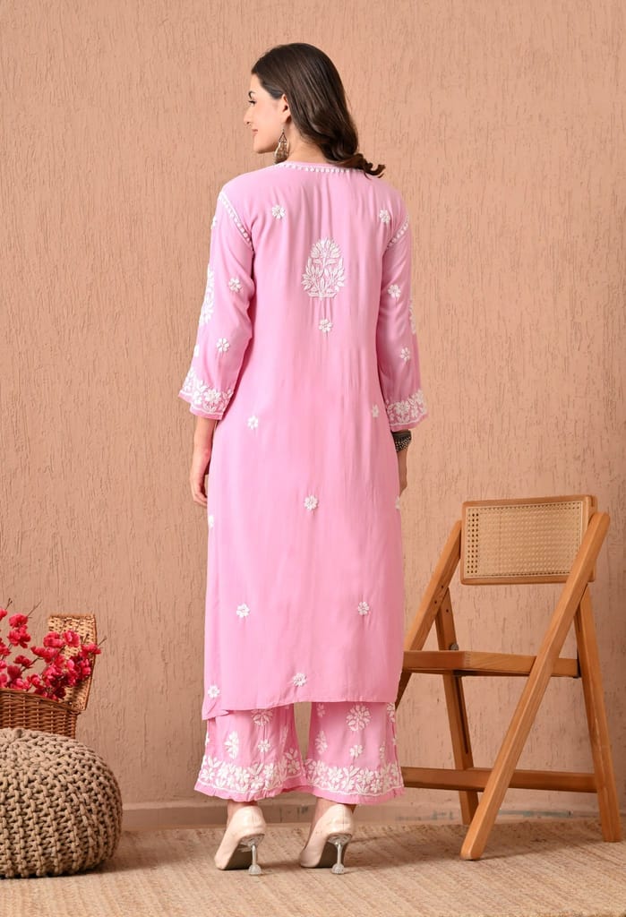 Hand Embroidered Chikankari Plazo Set 3d Work- Pink