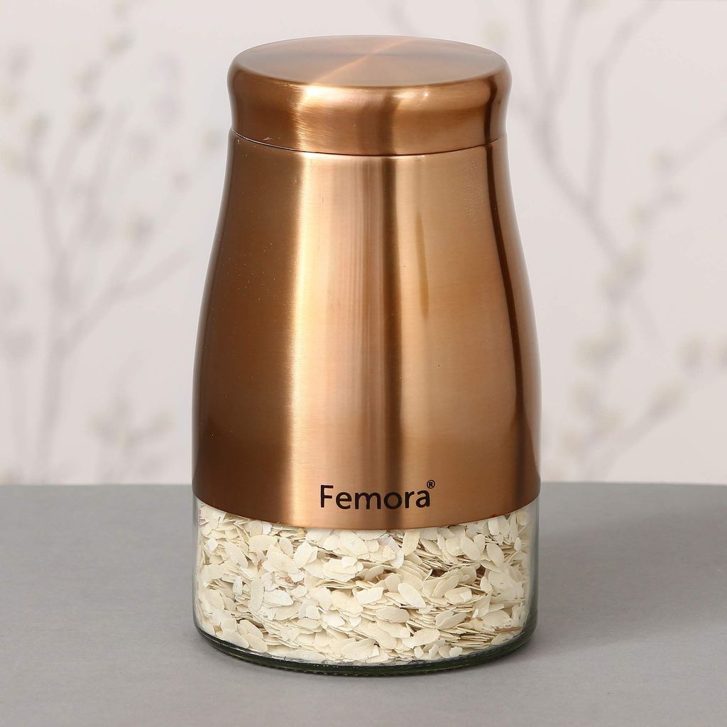 Femora Clear Glass Gold Metallic Steel Glass Jars Tea Sugar Jar Container Cereal, Spices, Pulses Container Spice Jar for Kitchen Storage Jars for Kitchen Storage 1300 ml/gm, Free Replacement of Lids