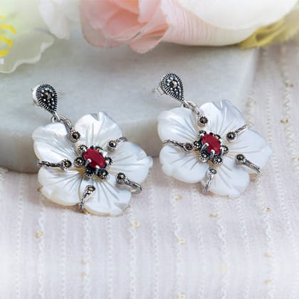 Sadabahar Dangler Silver Earrings for Mom- Ruby