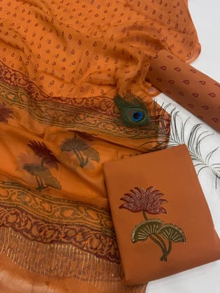 Pure Cotton Unstitched Suit With Chiffon Dupatta-As shown in picture / 2.5 mtr each / Pure cotton with chiffon dupatta