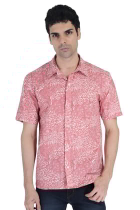 Cantabil Printed Half Sleeve Casual Pink Linen Shirt