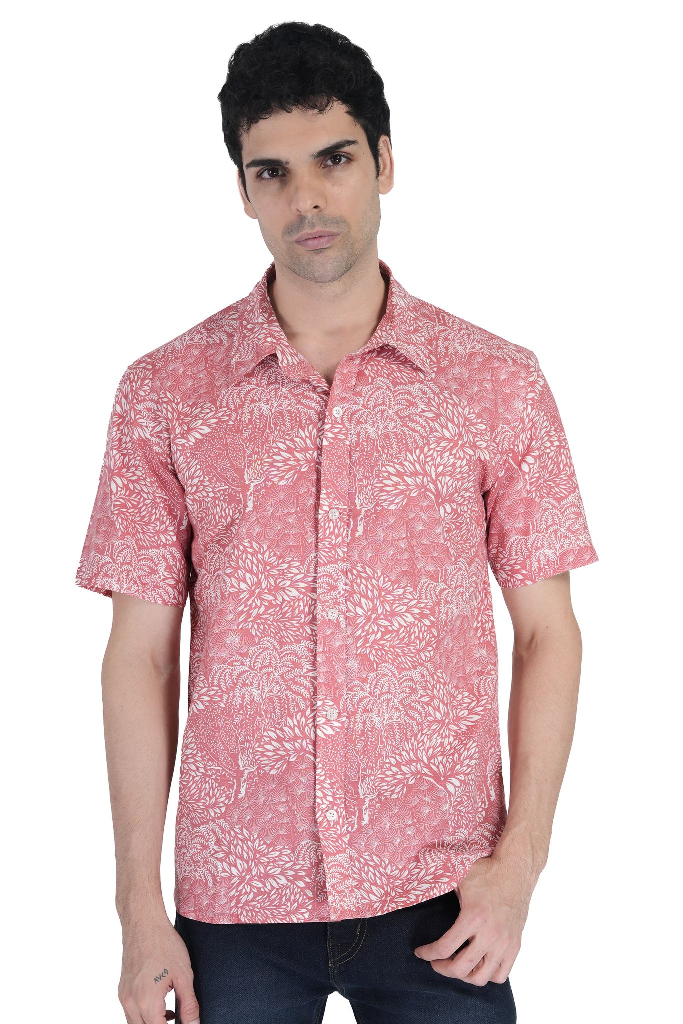 Cantabil Printed Half Sleeve Casual Pink Linen Shirt
