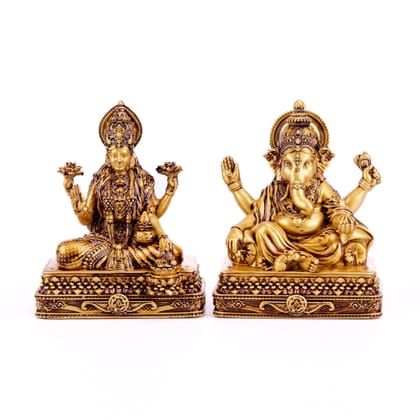 Artarium Maa Laxmi Ganesha Pair Idol Goddess Lakshmi Devi Ganpati Ji Murti for Car Dashboard Home Decor Diwali Pooja Statue Home Gifting Showpiece (Chowki Laxmi Ganesha 4 Inch)