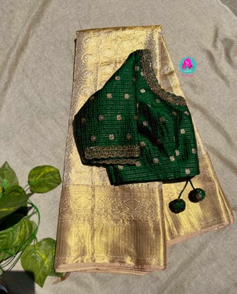 Pure Kanjeevaram silk saree paired with Maggam worked Pure silk blouse-XS