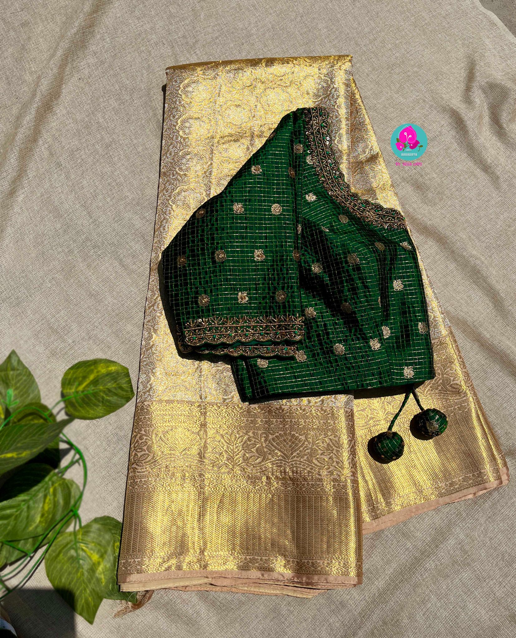 Pure Kanjeevaram silk saree paired with Maggam worked Pure silk blouse-XS