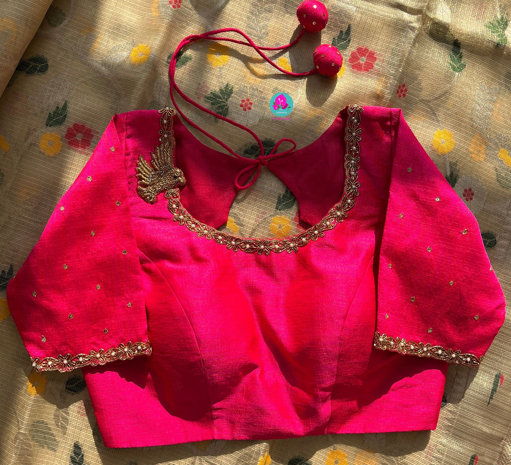 Dual tone Rawsilk Blouse with bird hand embroidery-2XS