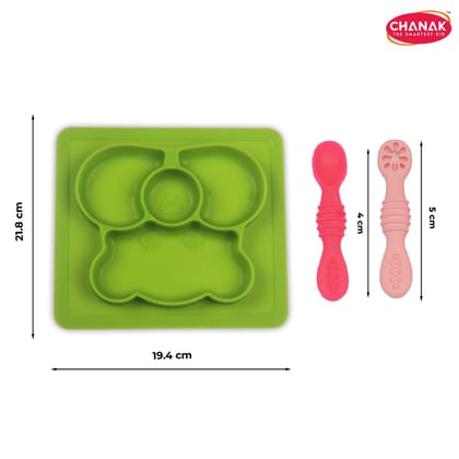 Chanak Oval Baby Food Tray, Silicon Food Plate with Multiple Compartments & Two Spoons, Silicone Plate for Feeding Baby, Easy to Clean Silicon Plate Microwave & Dishwasher Safe. (Light Green)