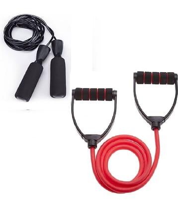 HORSE FIT Pack of 2 Combo |Premium Single Band Resistance Toning Tube and Foam Handle Jumping Skipping Rope for Fat Loos | Body Stretching and Gym Workout and Fitness Exercise Equipment Kit-Black