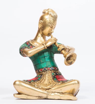 Arihant Craft� Musician Lady Sitting with Shehnai Idol Musical Instruments Statue Sculpture Turquoise Gem Stone Hand Craft Showpiece � 16 cm (Brass, Multicolour)