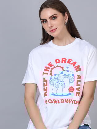 Women KEEP THE DREAMS ALIVE Printed Relaxed Fit T-Shirt-S / White