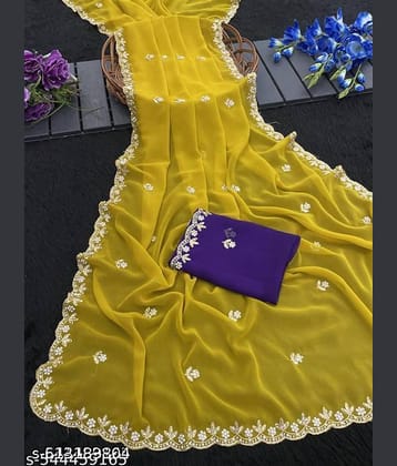 Shivadit ethnic Chiffon Embellished Regular Saree With Unstitched Blouse Piece ( Yellow )