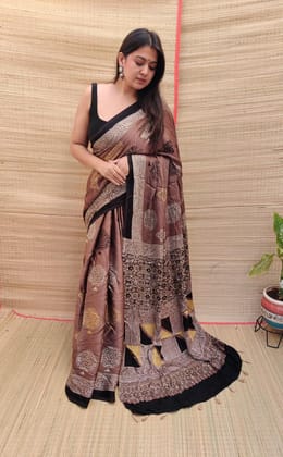 Ajrakh Pure Hand Made Modal Silk Saree Fancy Ajrakh Pallu