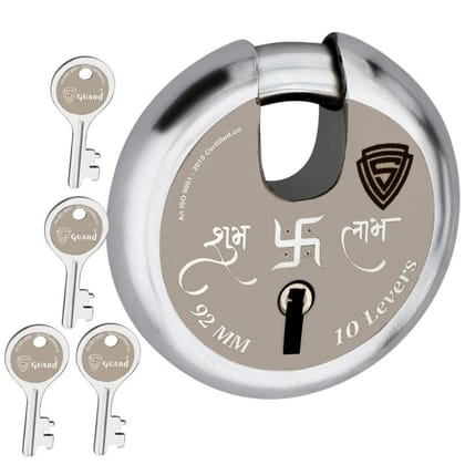 S-GUARD Shubh-Labh Iron-Steel 92MM,10 Lever-4 Keys Shutter lock for Shop,Godown,Store Gate-Door Lock (Laser Print Design)
