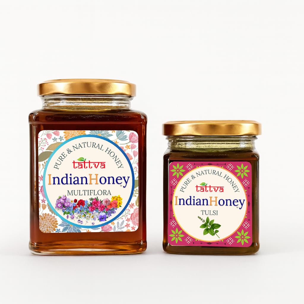 IndianHoney Himalayan Multiflora & Ayurvedic & Stress-Relief Tulsi Infused Honey Combo Pack (500gm & 230gm) Himalayan Multiflora & Tulsi