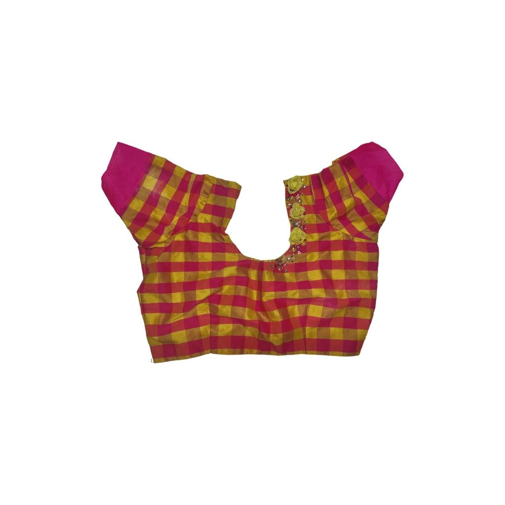 Pink and Yellow Checked Saree Blouse