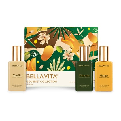 BELLAVITA Gourmet Collection Gift Set 3x20ml | Gift for Man and Woman | Long Lasting Perfume for Man and Woman | Vanilla, Mango and White Musk | Fruity Fragrance for Men & Women BELLAVITA Gourmet Collection Gift Set 3x20ml | Gift for Man and Woman | Long