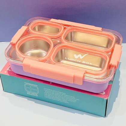 Double Color 4 Compartment Stainless Steel Lunch Box (900ml)-Pink Purple
