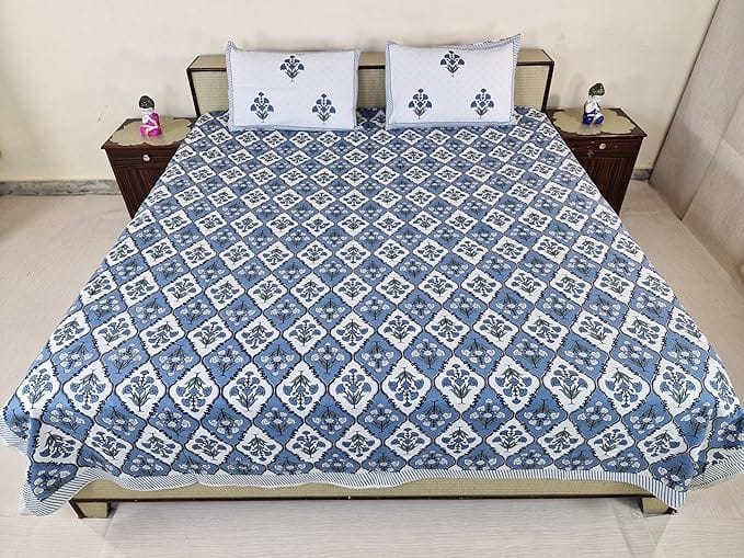 Bedsheet Set with Pillow Covers, Blue and WhiteBedsheet Set Paisley Printed Cotton, Intricate Ethnic Rajasthani Design, 100% Cotton, 210 x 226 cm,Best for Single Bed & Big Deewan Sets