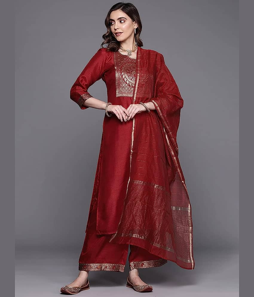 Estela - Maroon Straight Cotton Women's Stitched Salwar Suit ( Pack of 1 )