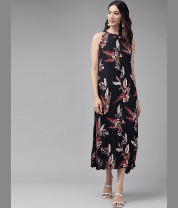 Yash Gallery Women Rayon Printed A-line Dress ( Blue )