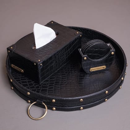 Eden Round Tray Set with Tissue Box & Coasters Black-Black